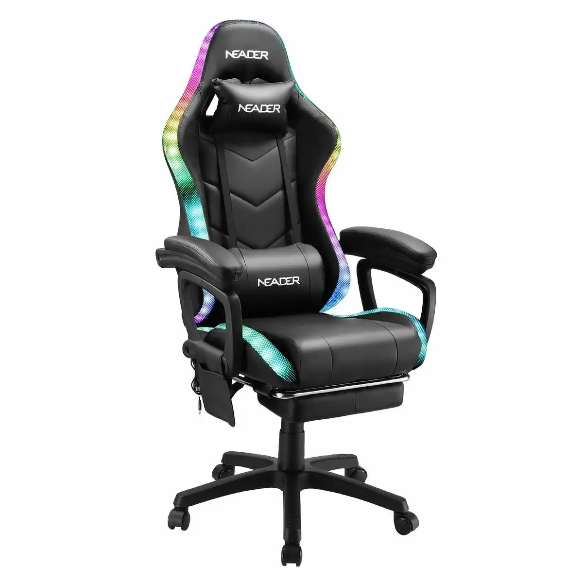 Neader Gaming Office Chair Massage High Back RGB LED Armchair Executive Computer Racing Desk PU Leather Footrest Headrest Recliner Work Study Black