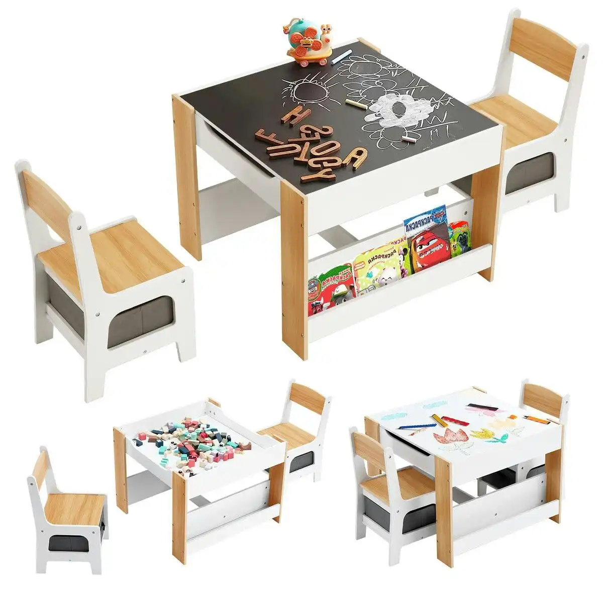 Kidbot 4 IN 1 Kids Table and Chairs Set Childrens Activity Centre Picnic Play Study Furniture Indoor Outdoor Drawing Art Gaming Craft Book Storage Desk