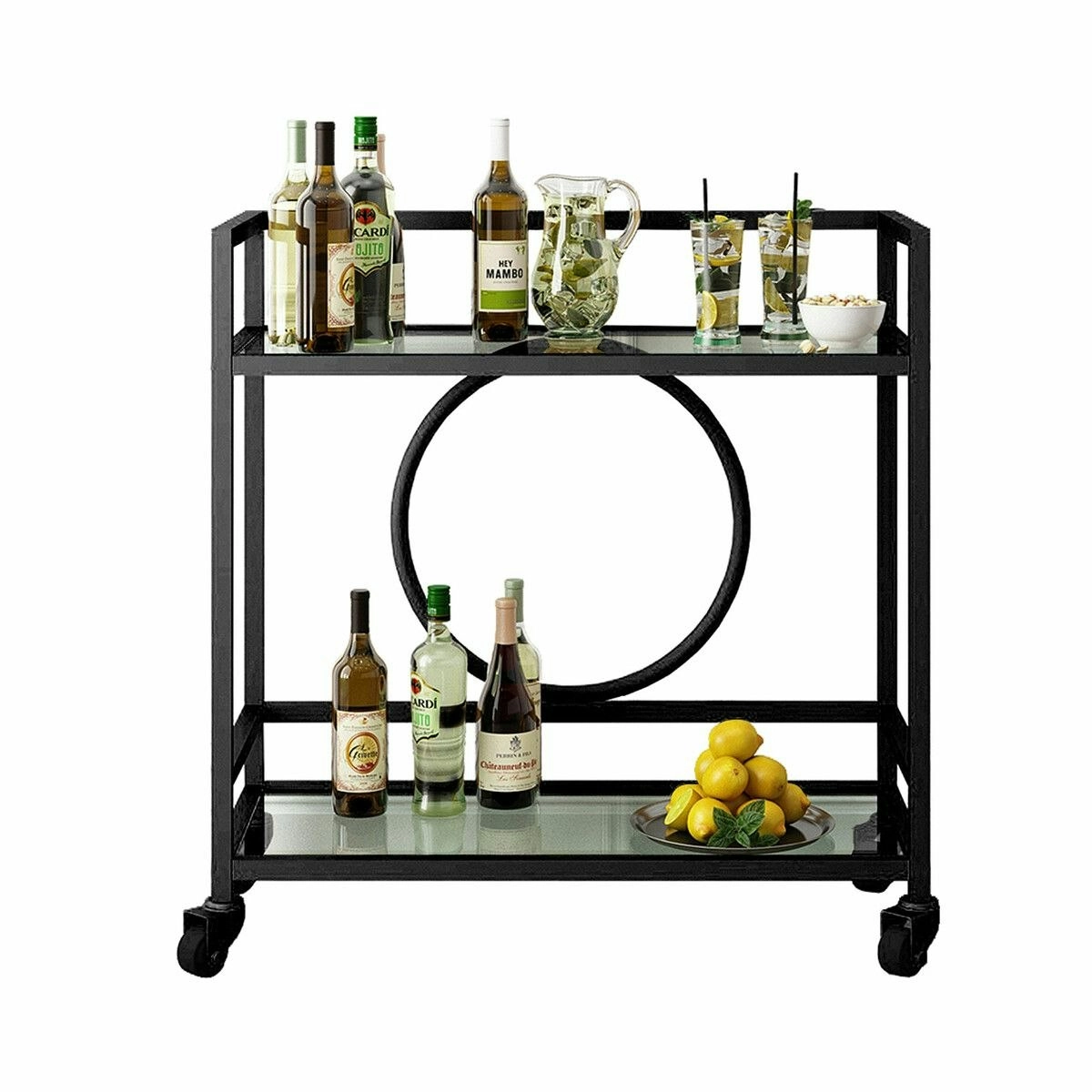 Ausway Black Bar Cart Trolley Drink Coffee Serving Liquor Tea Wine Cocktail Alcohol Whiskey Trolly Beverage 4 Rolling Wheels 2 Trays Tempered Glass