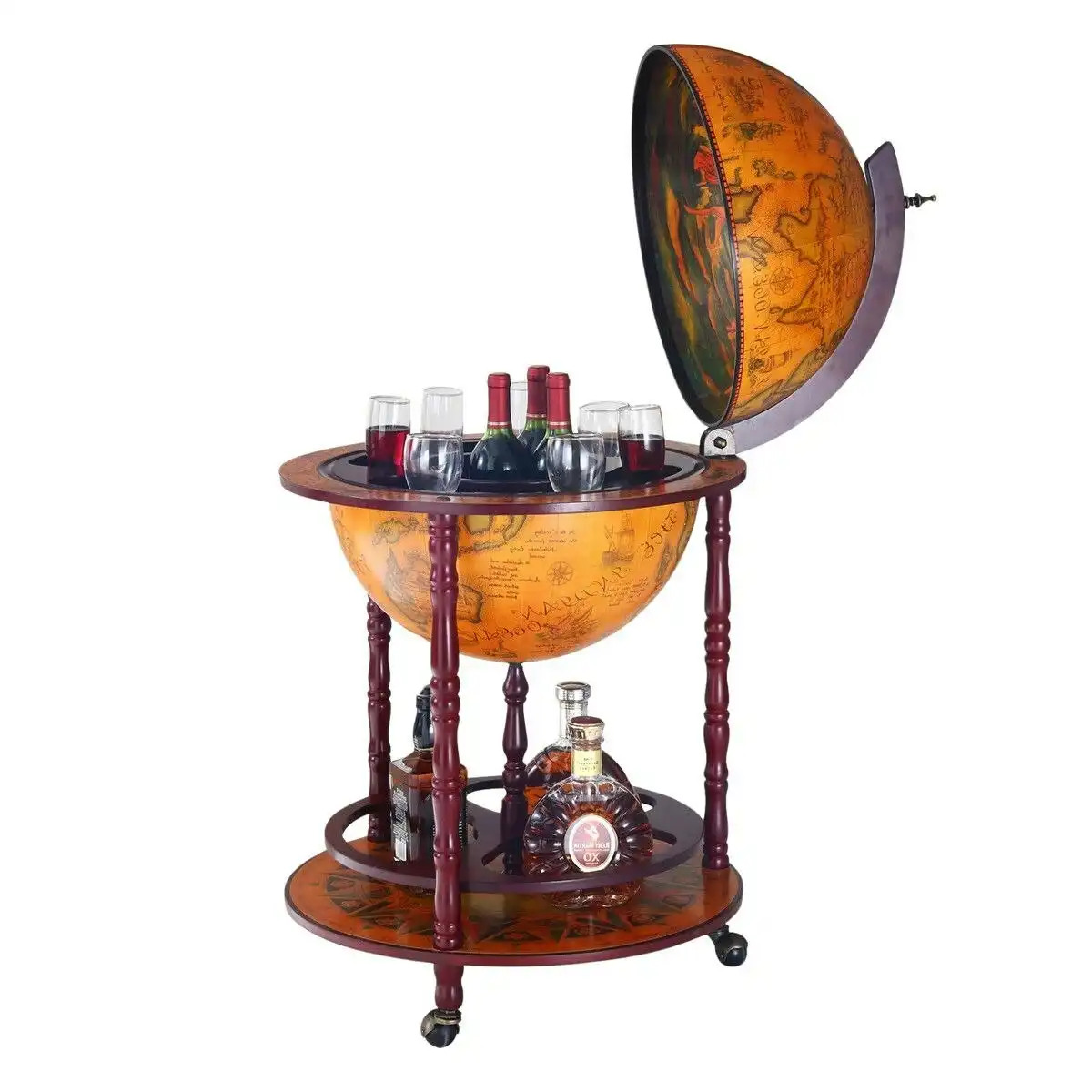 LUXSUITE Antique Globe Alcohol Cabinet Bar Cart Drinks Wine Serving Trolley Bottle Organiser Mini Round Mobile Stand 55x55x95cm