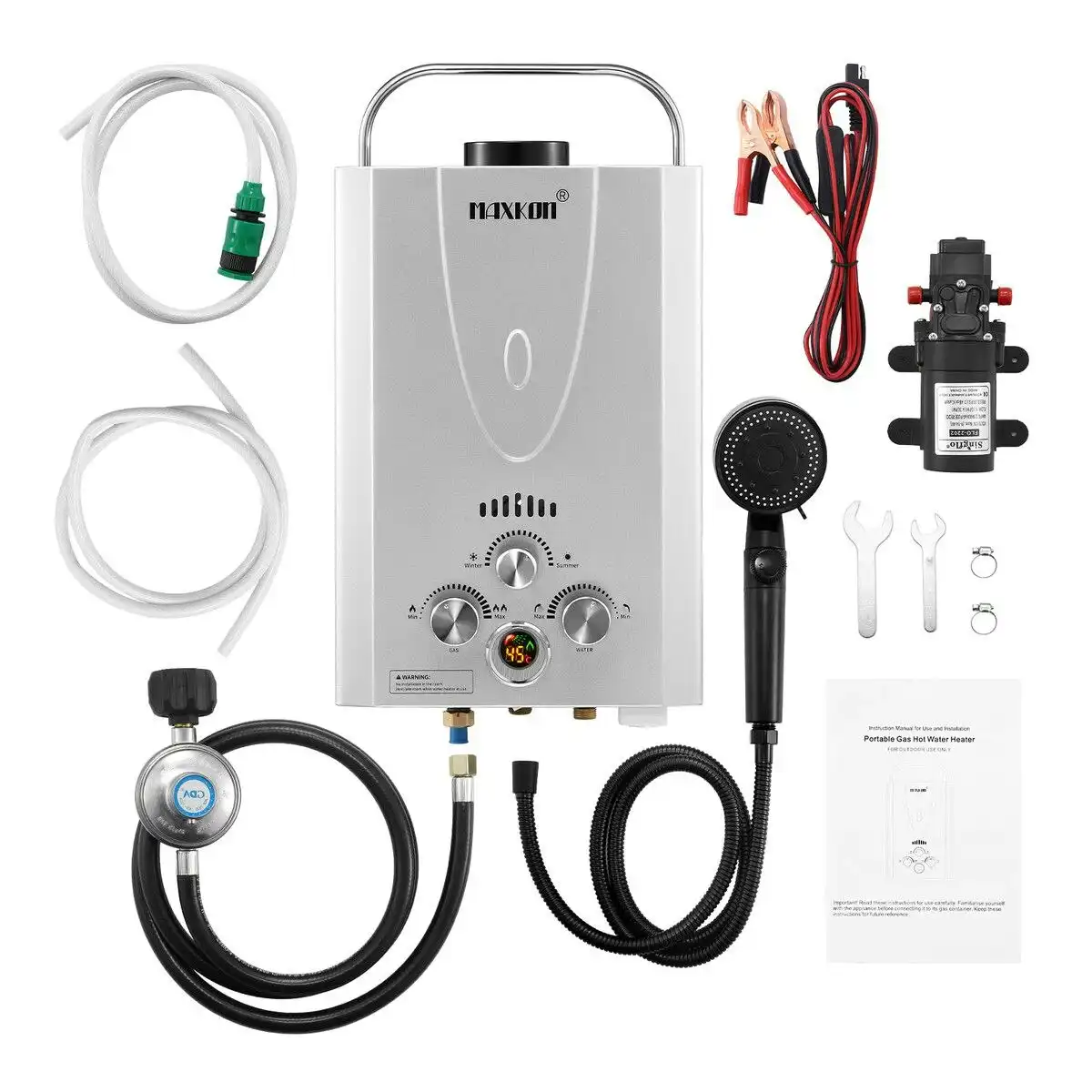 Maxkon  Gas Water Heater 9 in 1 10L Portable Outdoor Camping Instant Hot Shower Heating System Silver with Pump