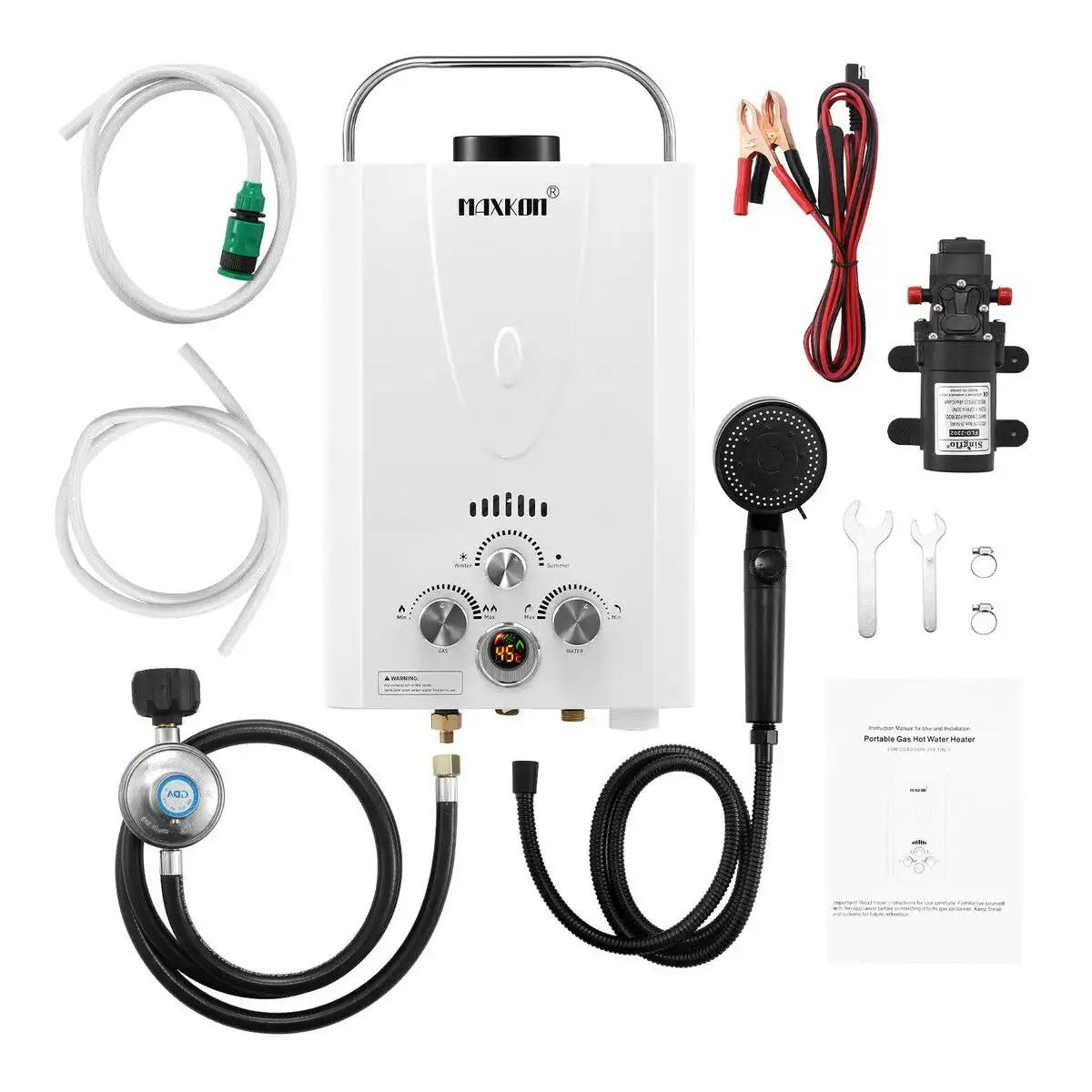 Maxkon  Gas Water Heater 9 in 1 10L Outdoor Portable Camping Shower Instant Hot Heating System White with Pump