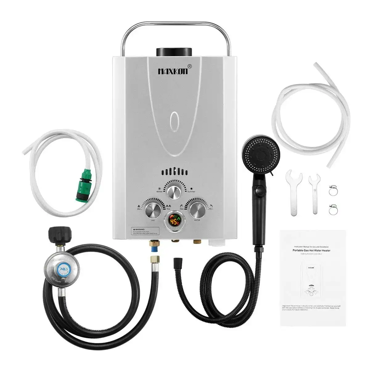 Maxkon  Gas Water Heater 7 in 1 10L Portable Camping Outdoor Instant Hot Shower Heating System Silver