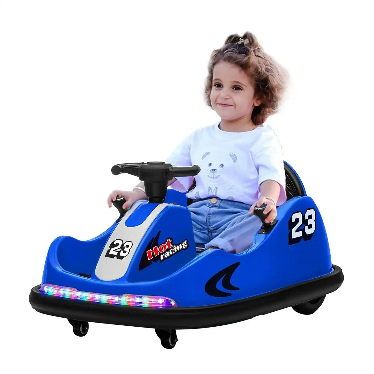 Kidbot Bumper Car With Remote Control Electric Kids Ride On Toy Race Vehicle Music LED DIY Sticker 360 Degree Spin Twin Motor Blue