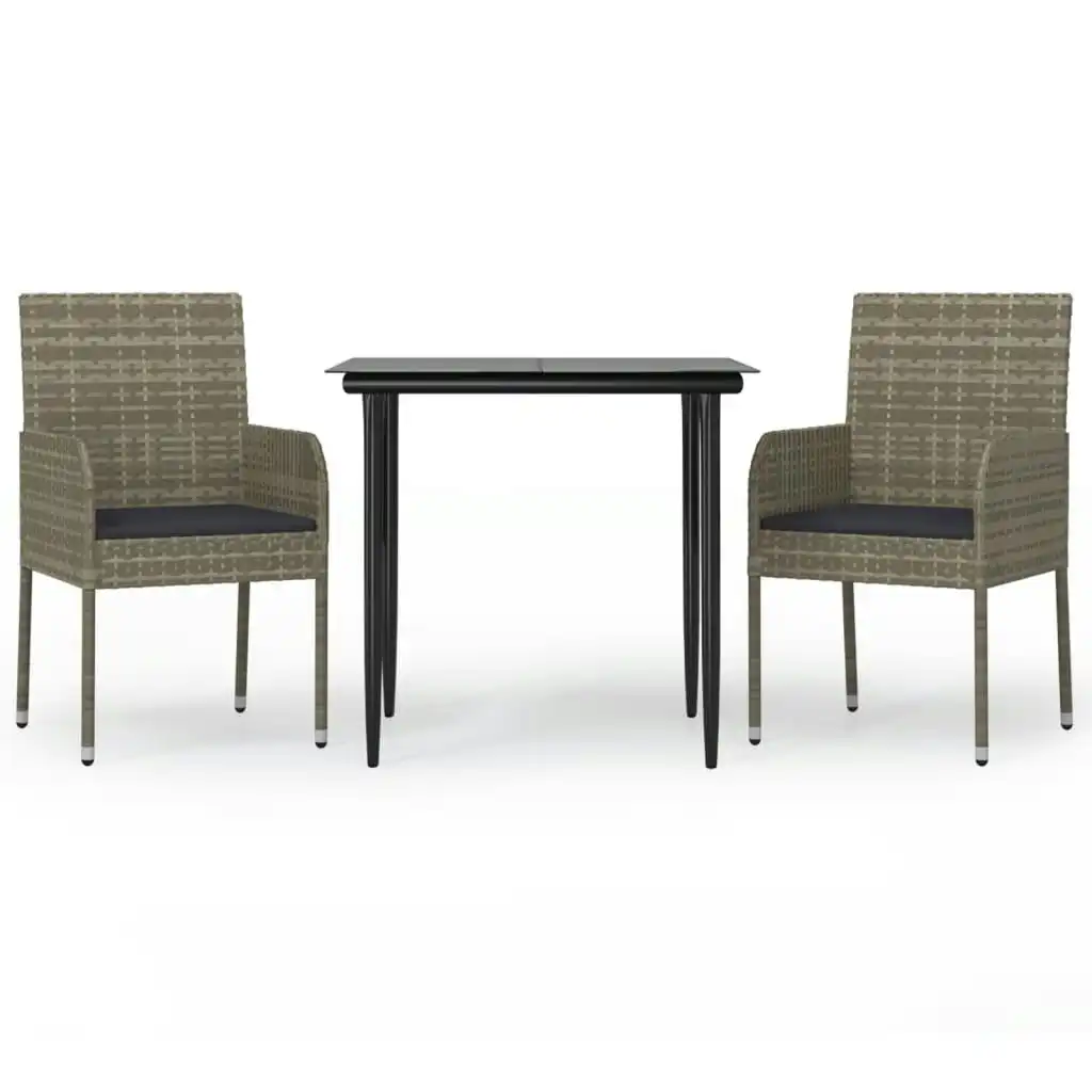 3 Piece Garden Dining Set with Cushions Black and Grey Poly Rattan 3185149
