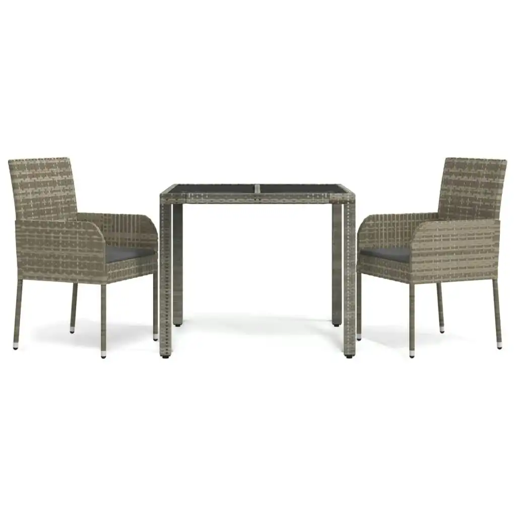 3 Piece Garden Dining Set with Cushions Grey Poly Rattan 3185005