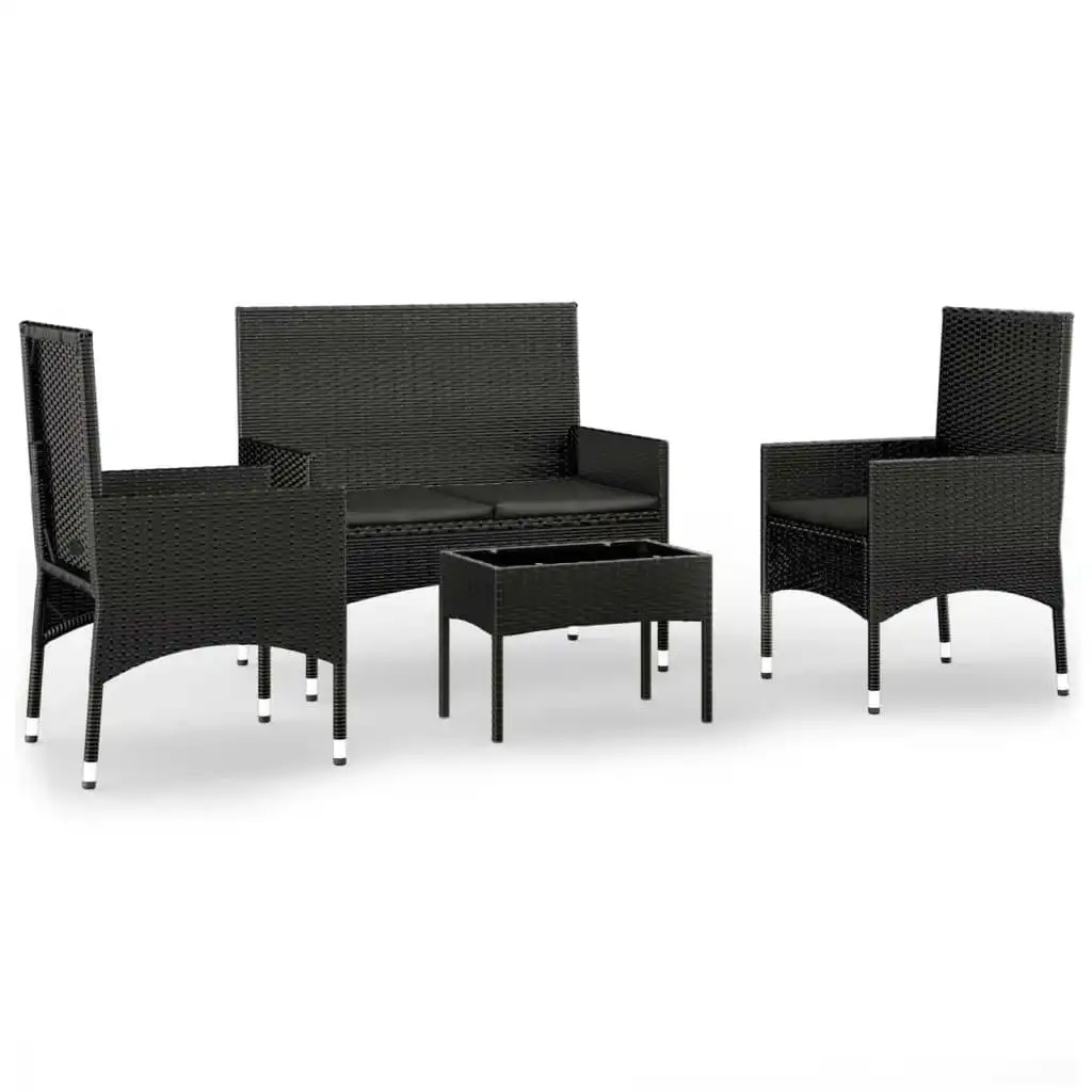 4 Piece Garden Lounge Set with Cushions Black Poly Rattan 319498