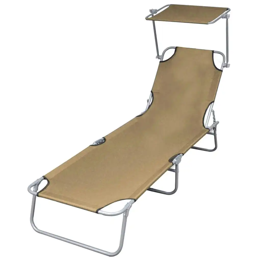 Folding Sun Lounger with Canopy Steel Taupe 44292
