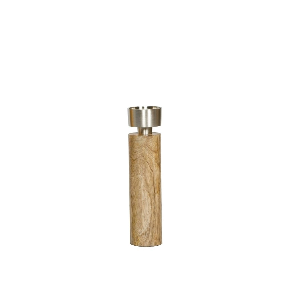 SSH Collection James 30. 5cm Tall Single Candle Holder - Natural Timber and Brushed Silver