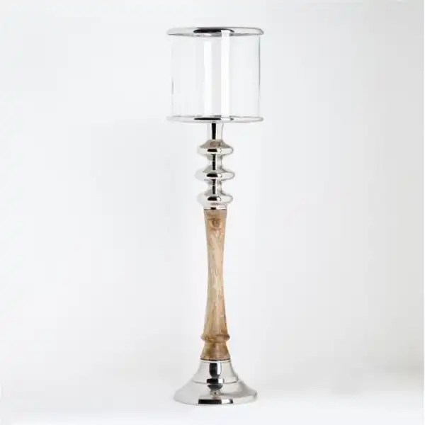 SSH Collection Sofie 83cm Tall Hurricane Lamp - Timber/Polished Nickel Stand