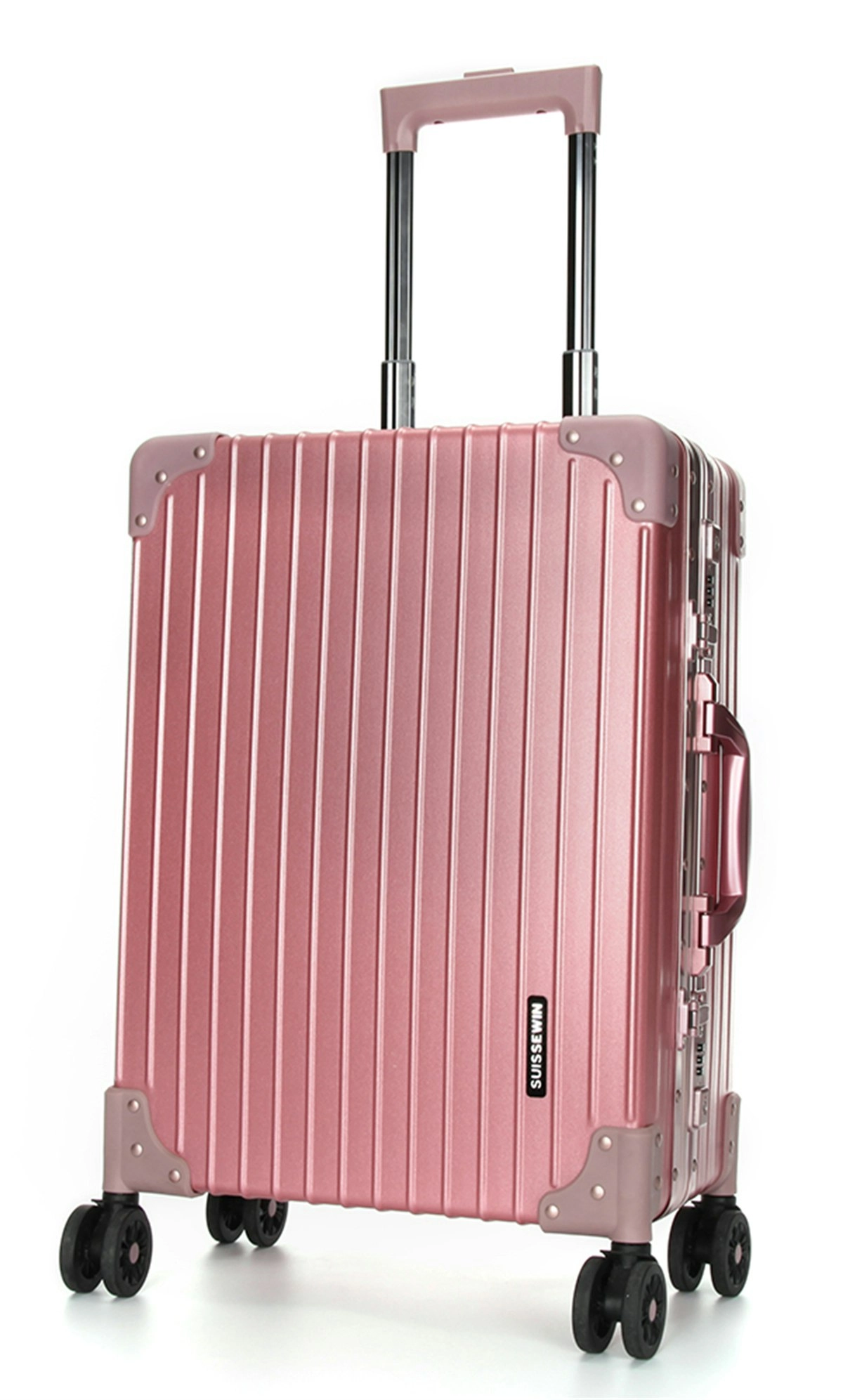 Suissewin Aluminium Luggage Suitcase Lightweight TSA Lock 8 Wheels 360 Degree Rolling Carry On Hardcase SN7711A Rosegold