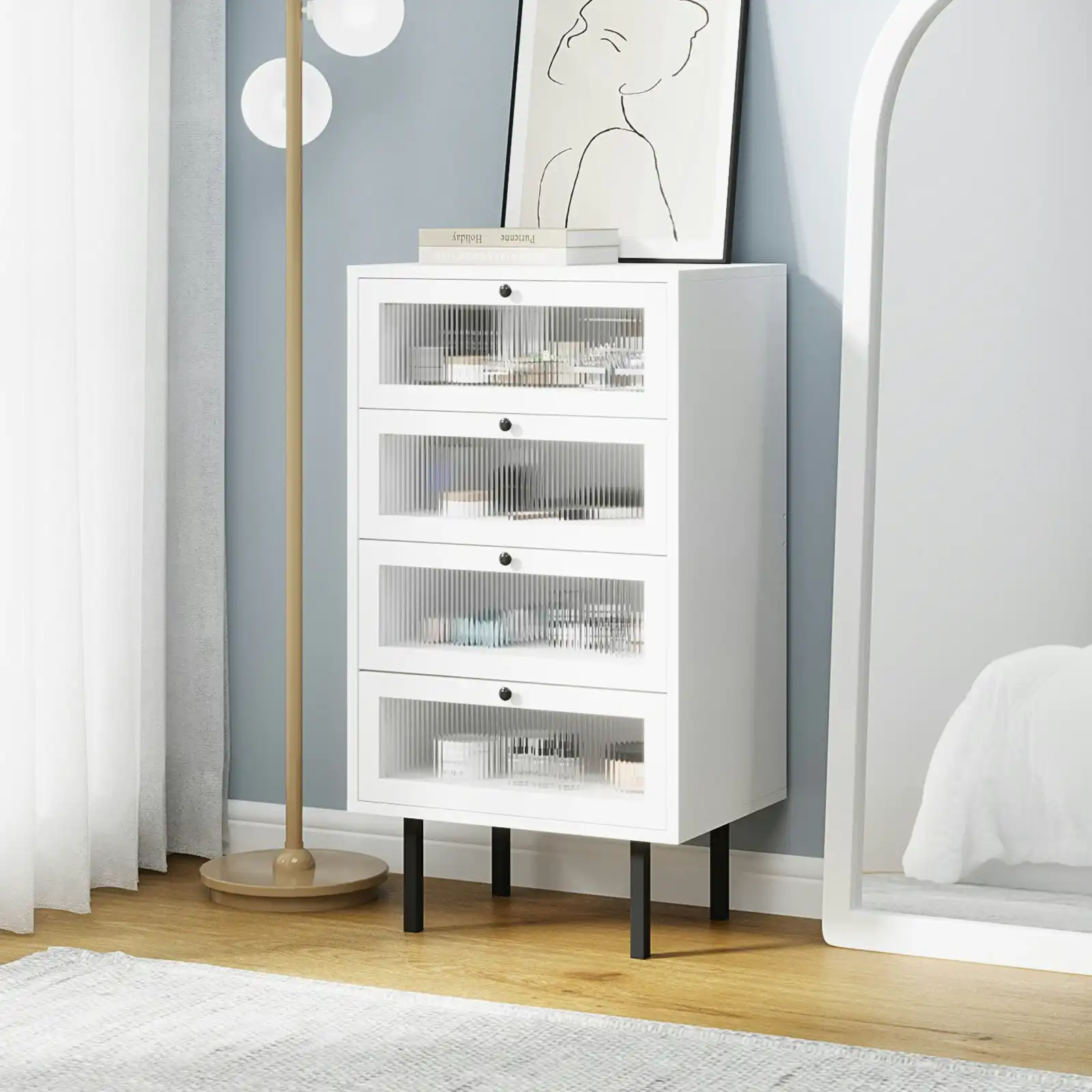 Oikiture 4 Chest of Drawers Tallboy Dresser Storage Cabinet Sideboard White