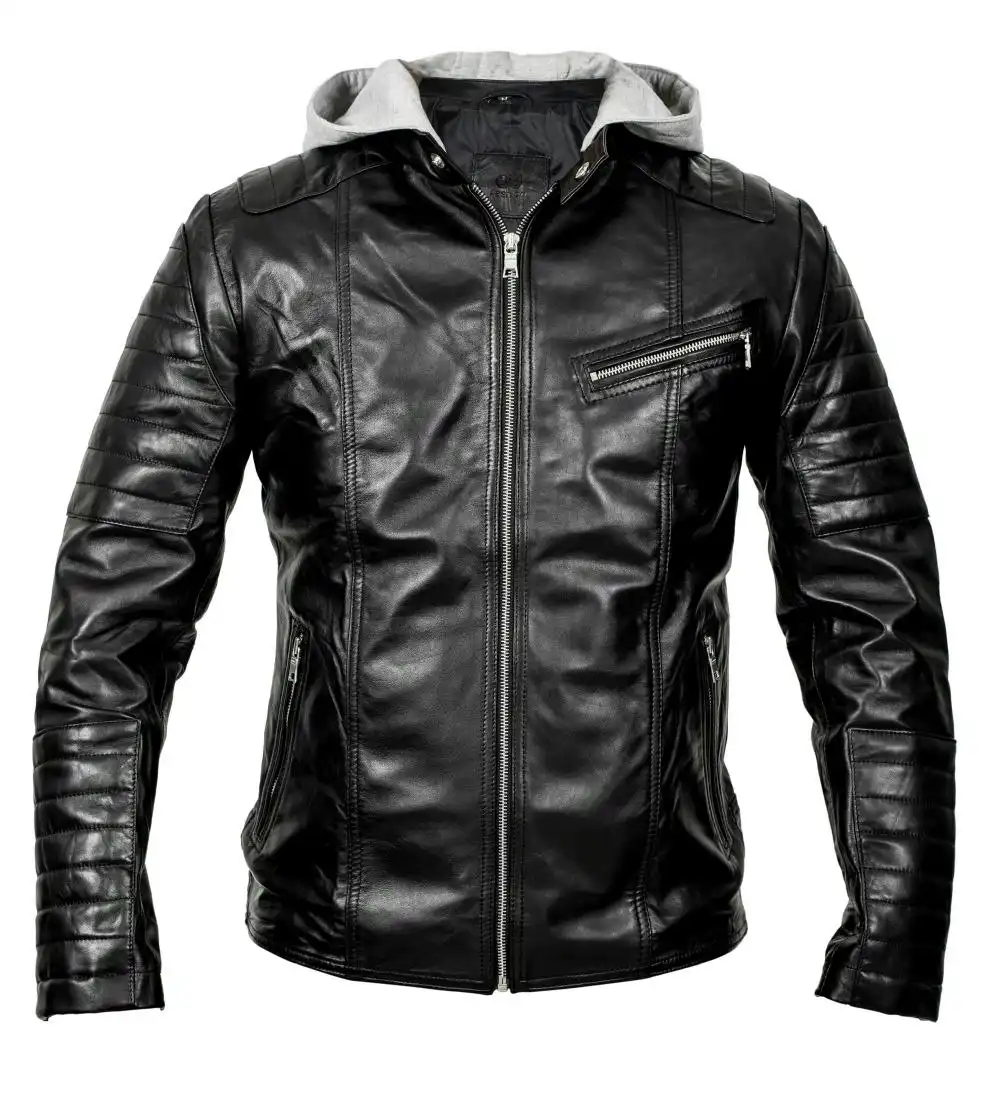 Hooded Biker Jacket /Black Leather Sheepskin