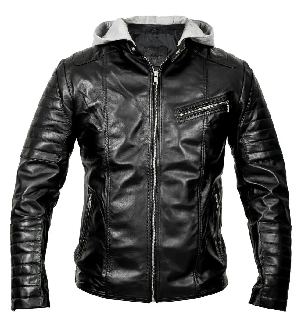 Hooded Biker Sheepskin Leather Jacket Black