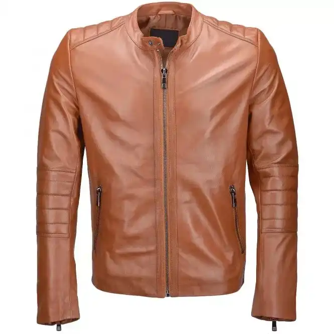 Mens Leather Biker Jacket-Tan