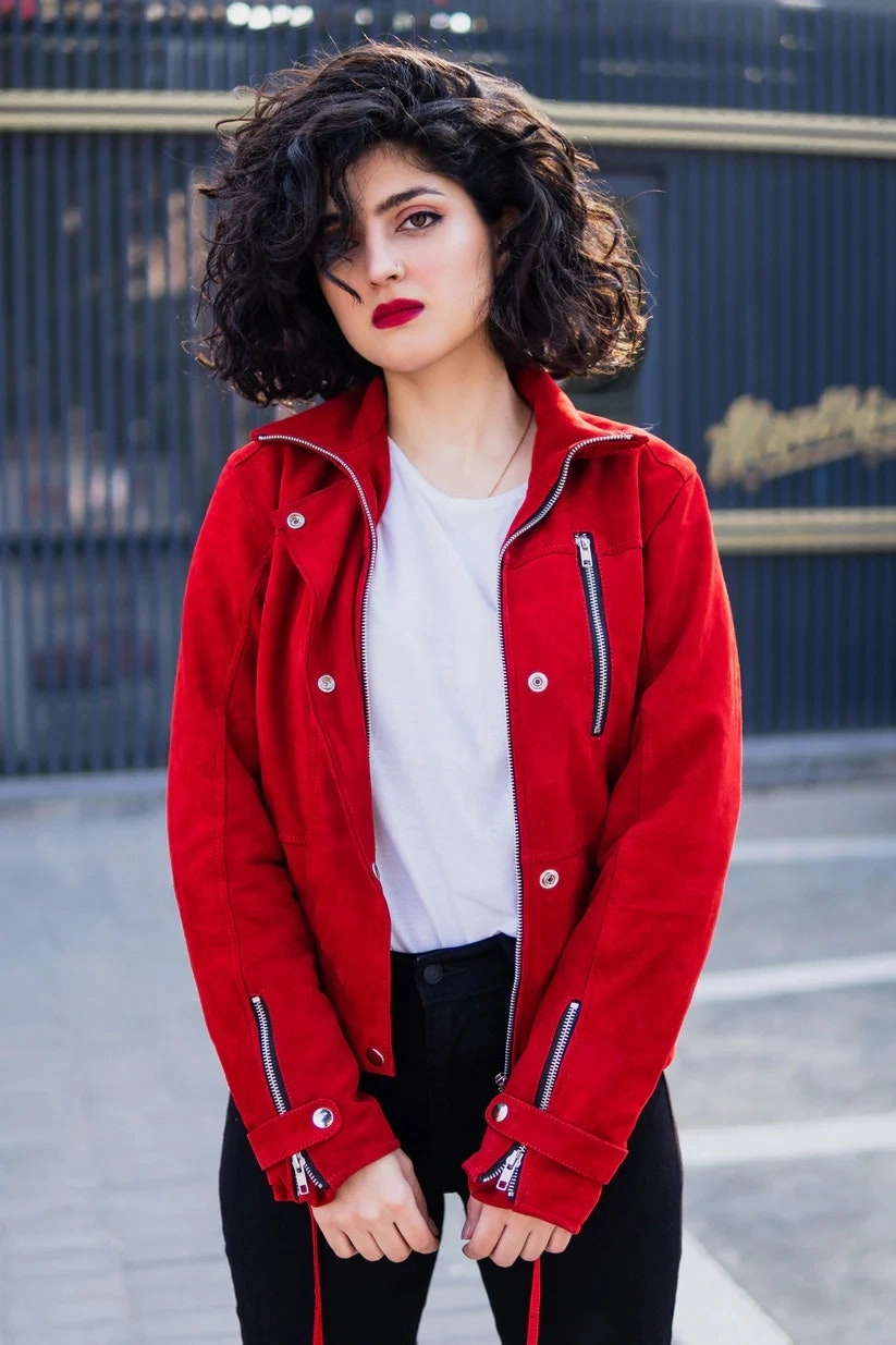 Red Suede Bomber Jacket Women