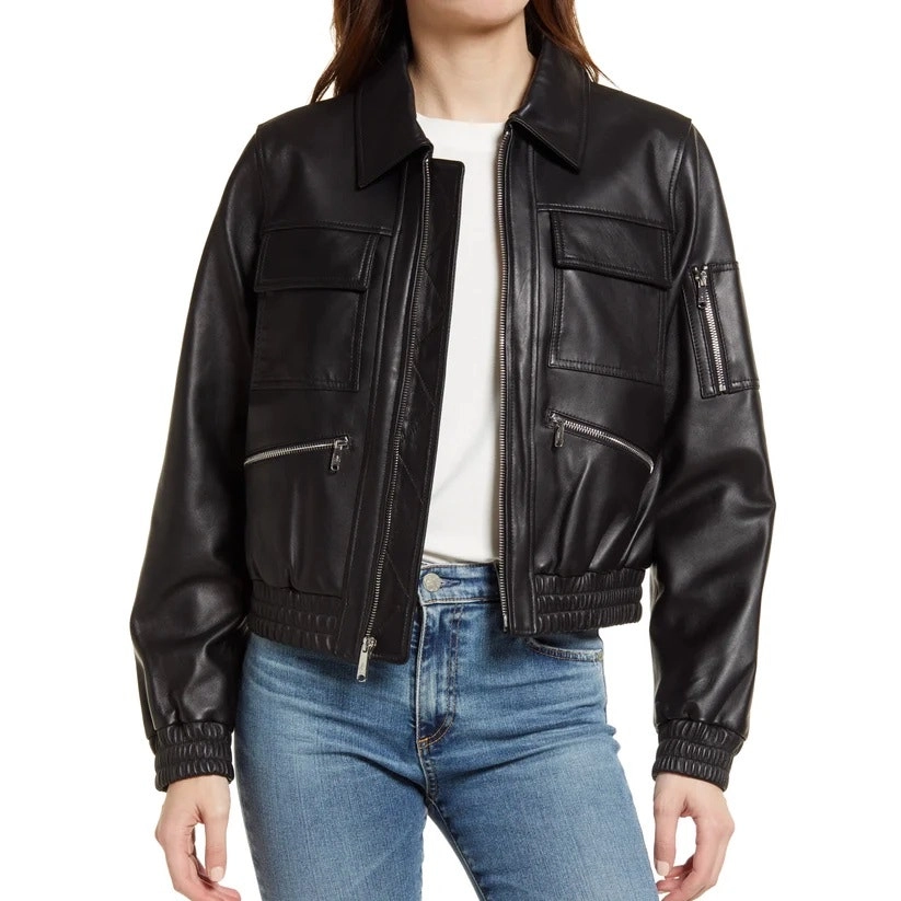 Spread Collar Bomber Jacket Women/Black Leather