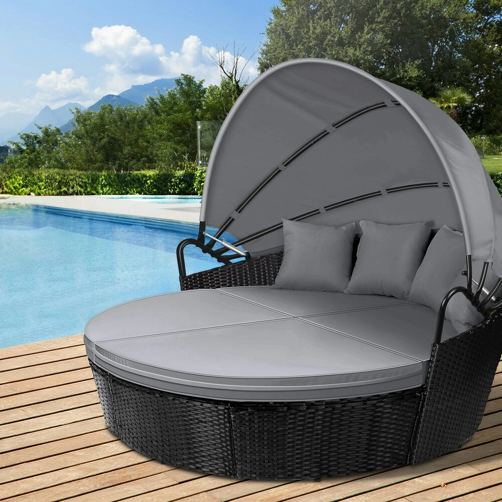 Alfordson Outdoor Sun Lounge Round Day Bed Wicker Furniture Black