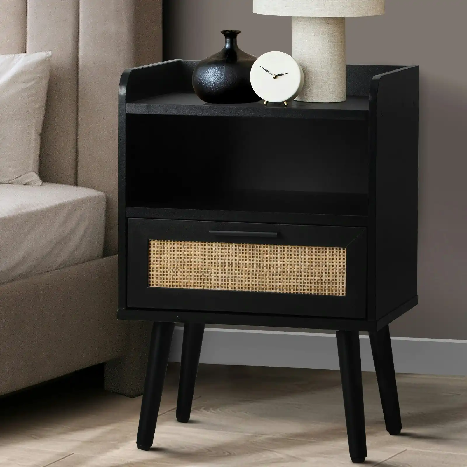Oikiture Bedside Table Drawer Side End Table Storage Cabinet Nightstand Rattan