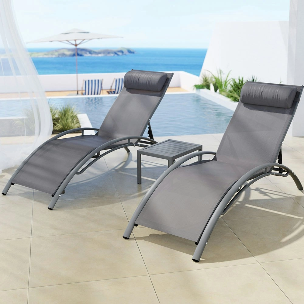 Gardeon 3PC Sun Lounge Outdoor Lounger Steel Table Chairs Patio Furniture Grey