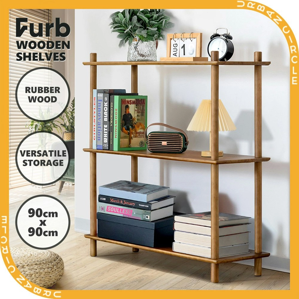 Furb 90CM 3-Tier Rubber Wood Wooden Storage Organizer Stand Shelves Walnut