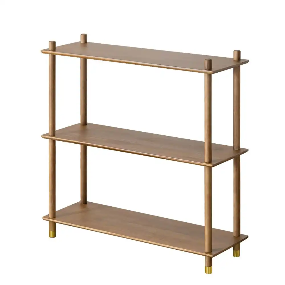 Furb 90CM 3-Tier Wooden Storage Organizer Stand Shelves With Brass Feet Walnut