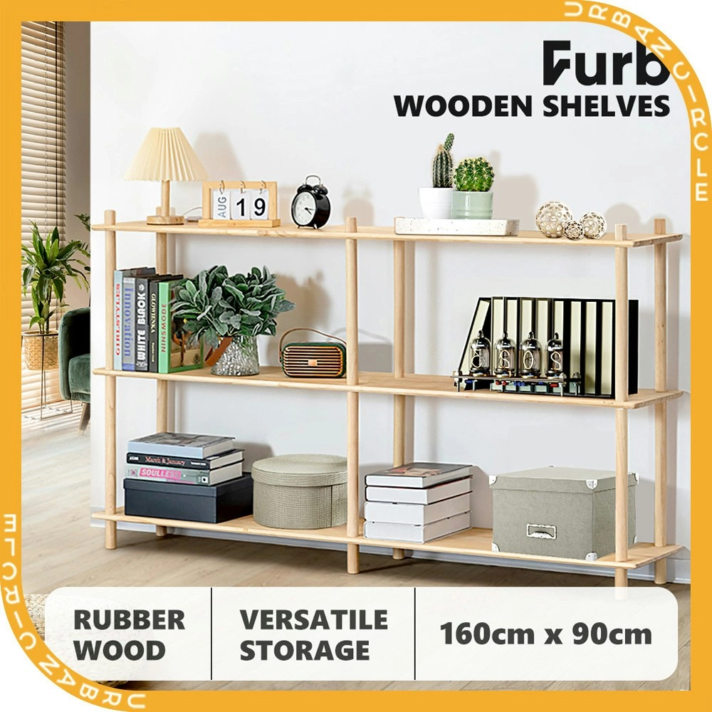 Furb 160CM 3-Tier Rubber Wood Wooden Storage Organizer Stand Shelves Oak