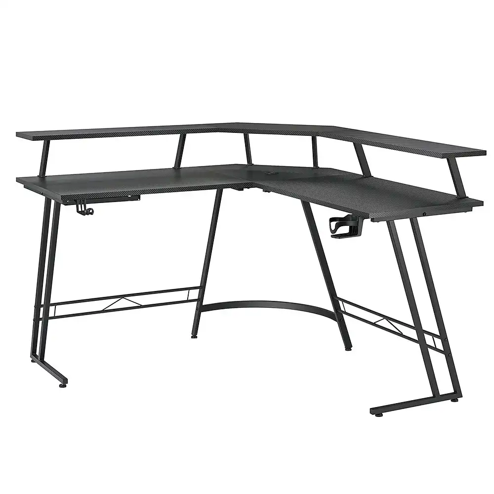 Furb L Shaped Gaming Desk LED Carbon Fiber Corner Computer Table w/Monitor Shelf