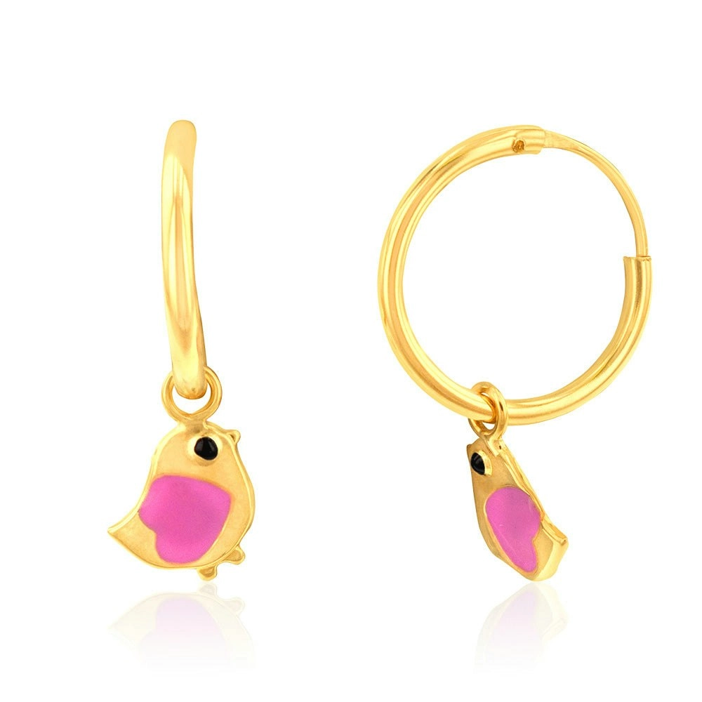 9ct Yellow Gold Pink Bird Sleeper Earrings