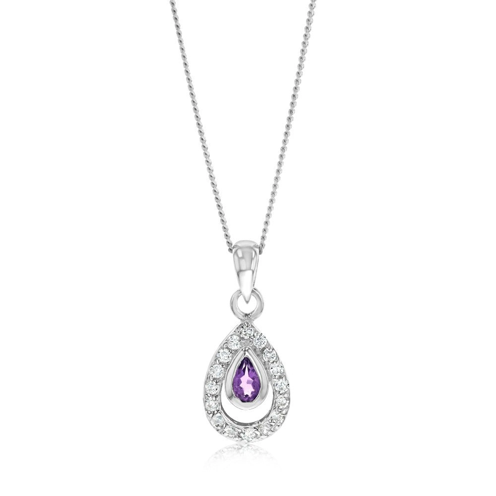 Sterling Silver Amethyst And Cubic Zirconia Pear Shaped Pendant