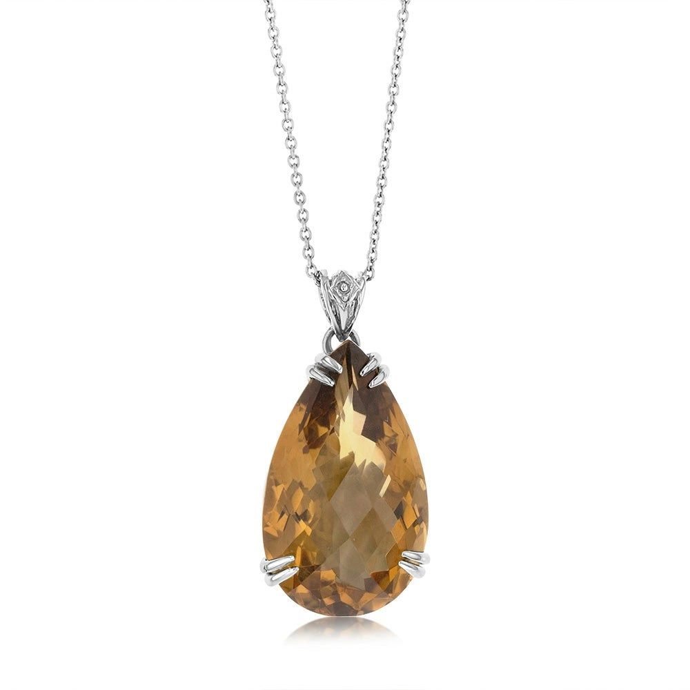 Sterling Silver Rhodium Plated Pear Checkerboard Citrine Pendant On 45cm Chain