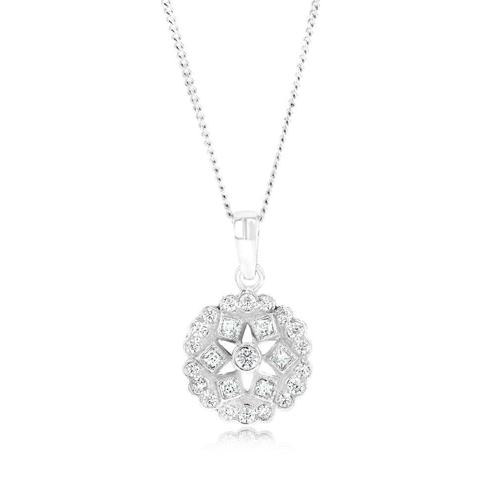 Sterling Silver Geometric Flower Cubic Zirconia Pendant