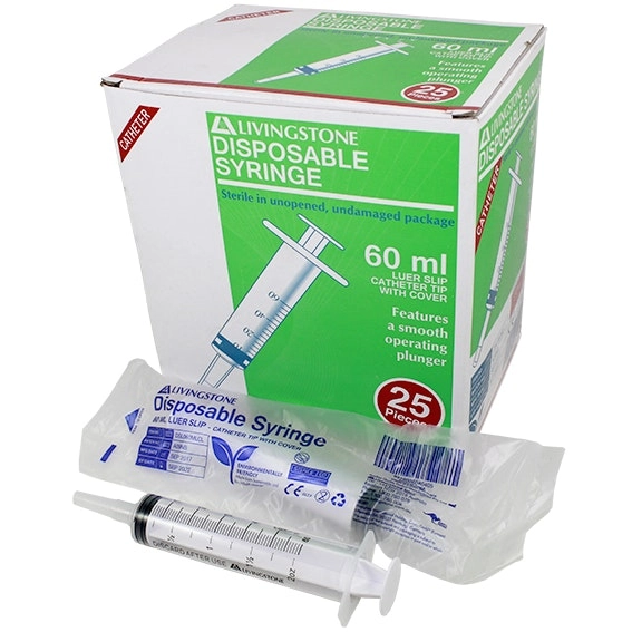 Livingstone Syringe, 60ml, Catheter Tip with Cap, Latex Free, Hypoallergenic, Sterile, 25/Box x18