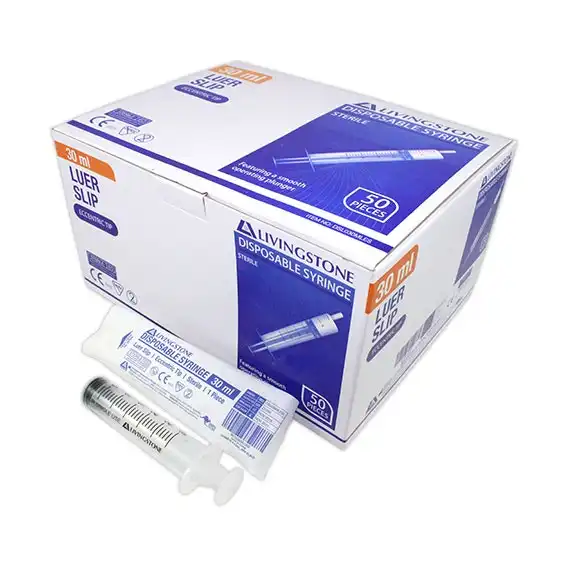 Livingstone Syringe, 30ml, Luer Slip Tip, Eccentric Off Centre Nozzle, Latex Free, Hypoallergenic, Sterile, 50/Box x9