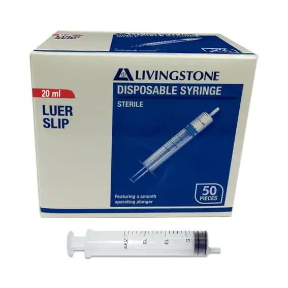 Livingstone Syringe 20ml Luer Slip Tip Eccentric Off Centre Nozzle Hypoallergenic Sterile 50 Box