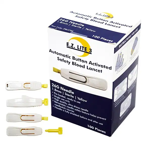 E.Z. Lite 3 Blood Letting Lancet, 26G x 1.8mm, Safe Painless Button Activated, Normal Blood Flow, 100/Box