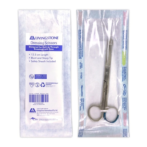 Livingstone Dressing Surgical Scissors Sterile 12.5cm Sharp/Blunt Straight Stainless Steel Peel Pack