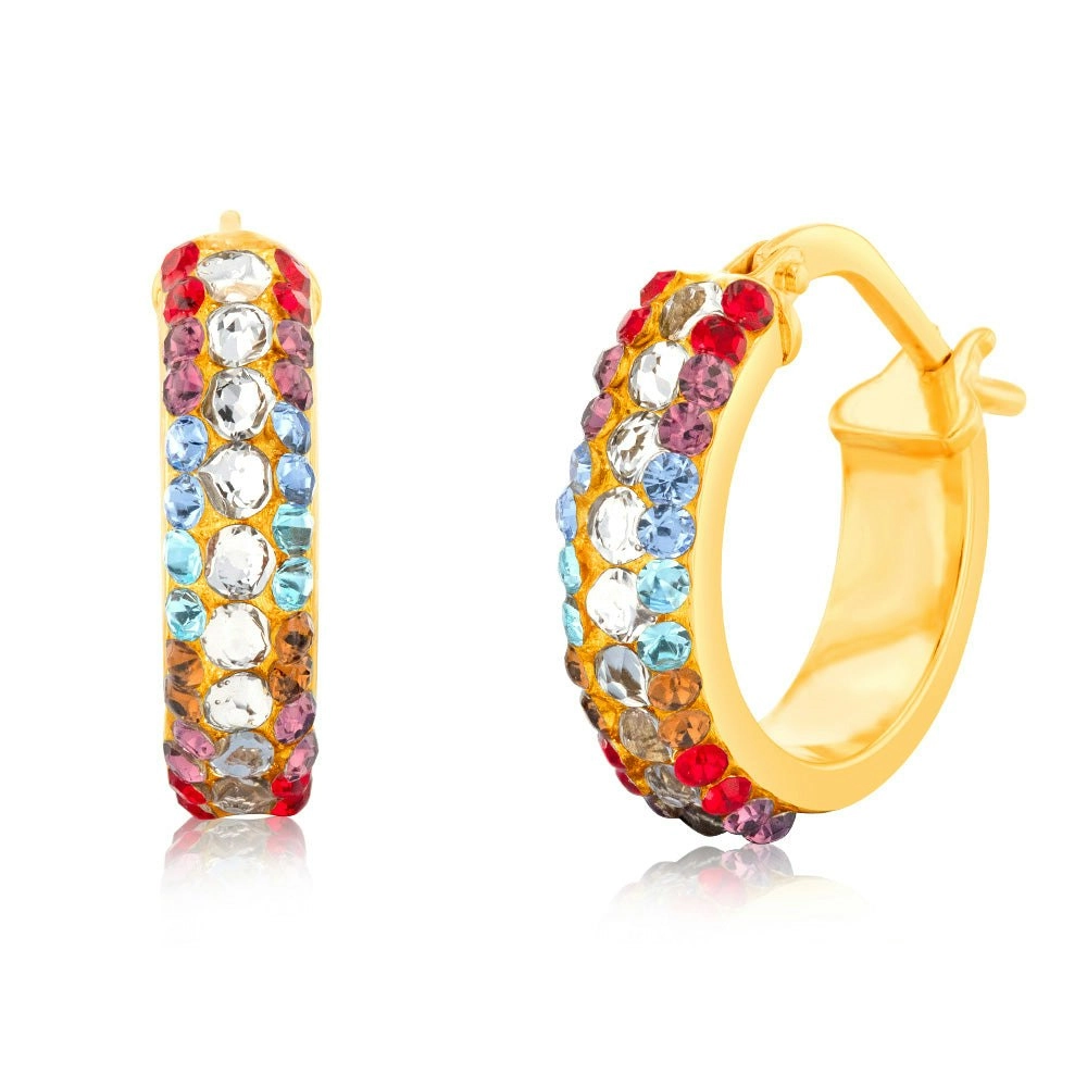 9ct Yellow Gold Silverfilled Multicolour Crystal 10mm Hoop Earrings