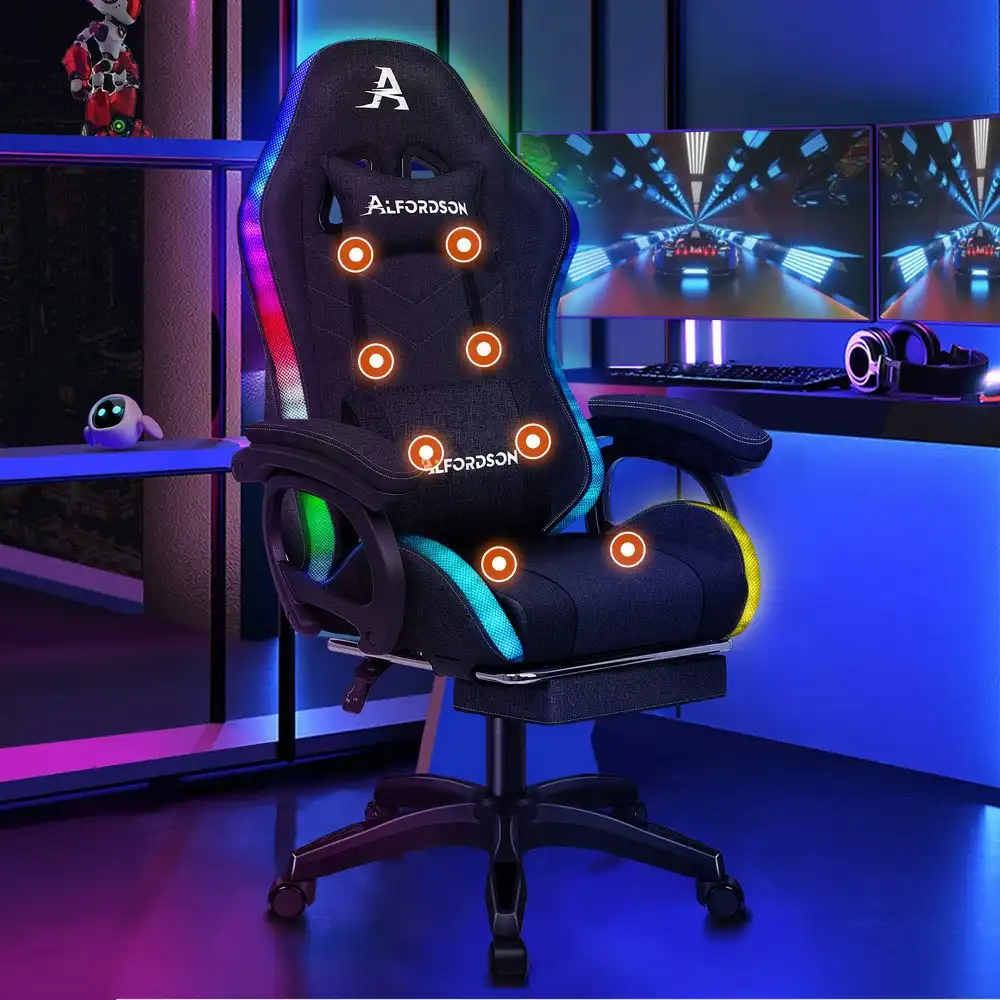 Alfordson LED Gaming Chair Office with 8-Point Massage Fabric Black