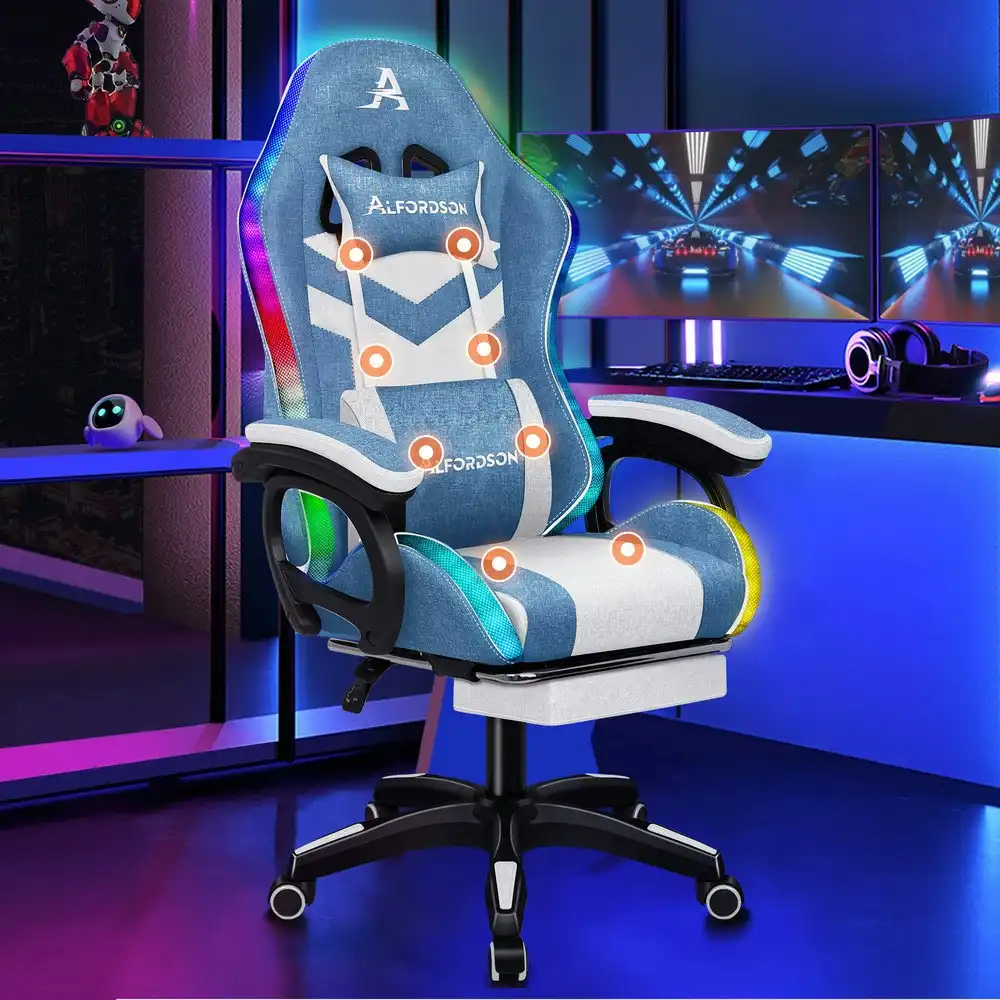 Alfordson LED Gaming Office Chair with 8-Point Massage Fabric Blue White