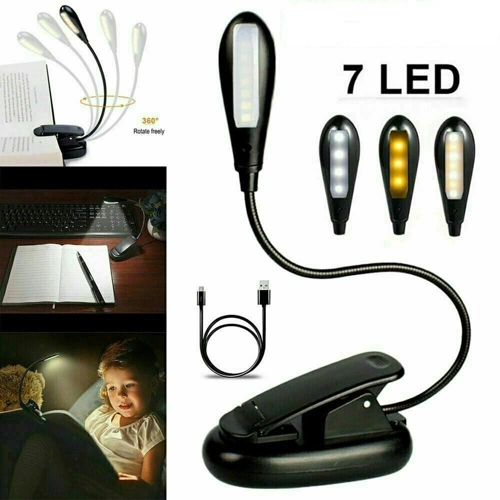 7 LED Reading Light USB Rechargeable Clip On Bed Book Reading Lamp Stand Light