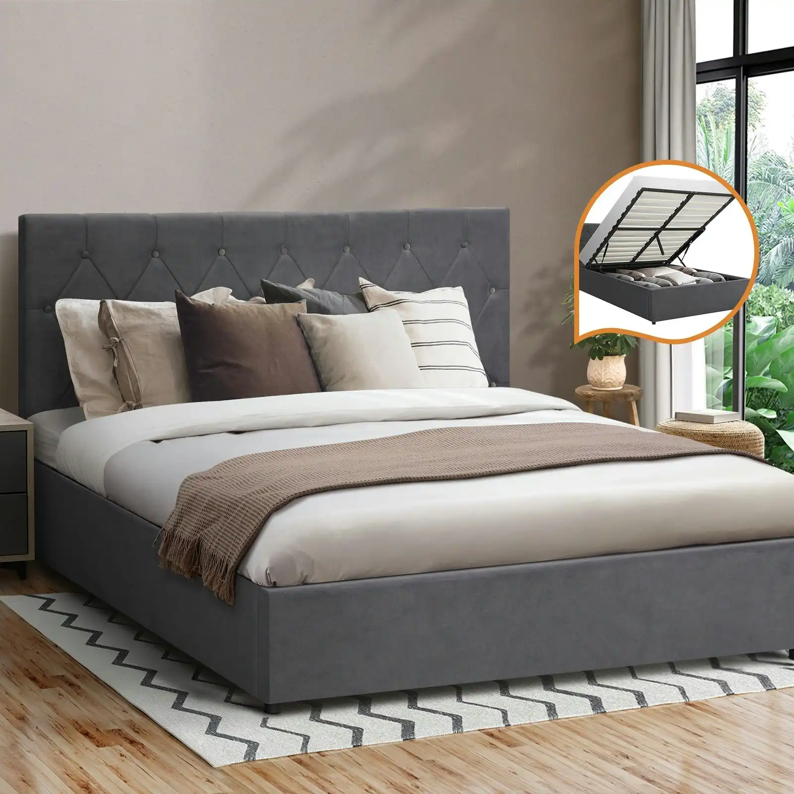 Oikiture Bed Frame Queen Size Gas Lift Grey Velvet COTI
