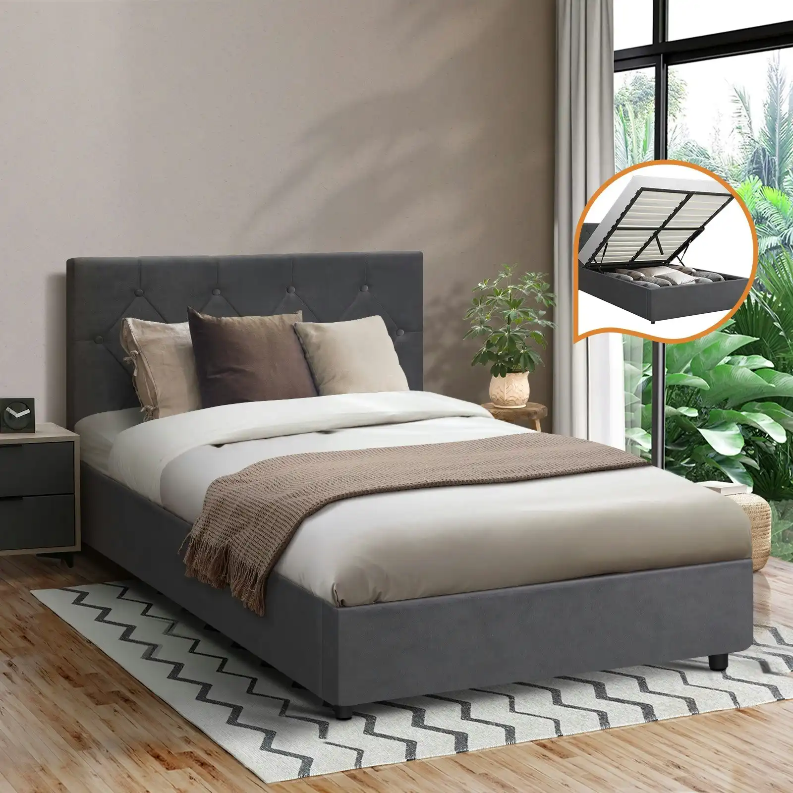 Oikiture Bed Frame King Single Gas Lift Grey Velvet COTI