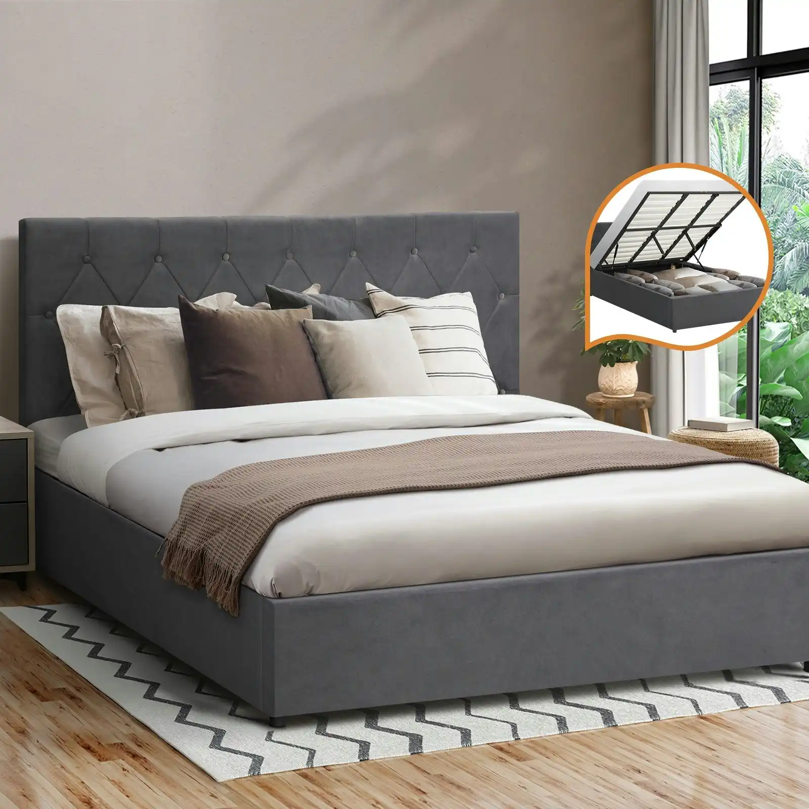 Oikiture Bed Frame King Size Gas Lift Grey Velvet COTI