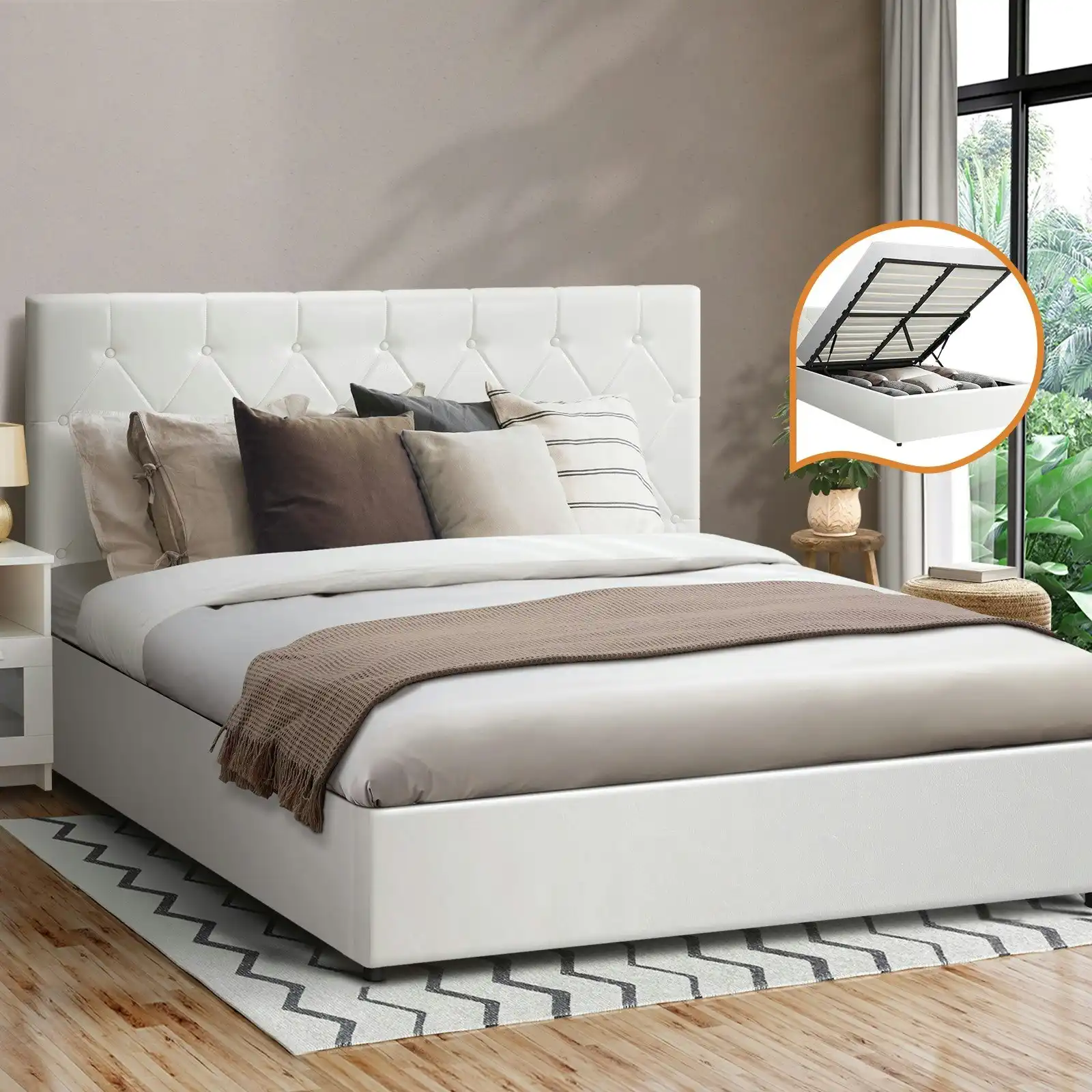 Oikiture Bed Frame Double Size Gas Lift White Leather COTI