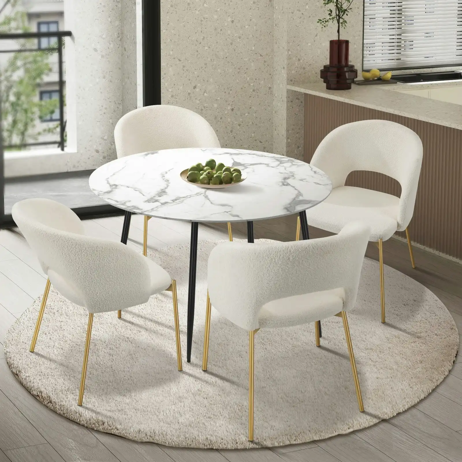 Oikiture 5PCS Dining sets 110cm Round Table with 4PCS Chairs Sherpa White&Gold