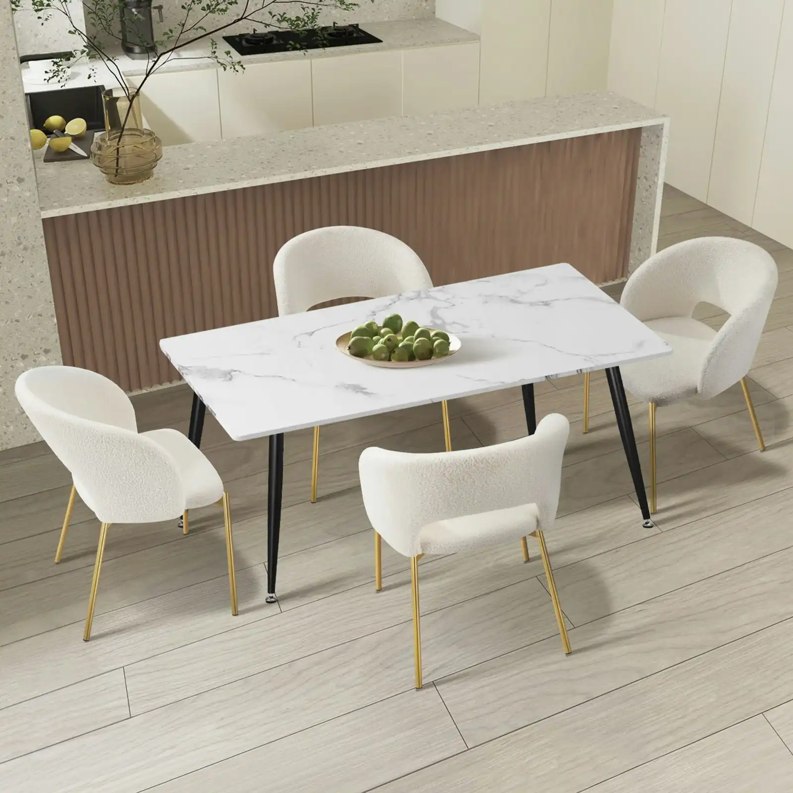 Oikiture 5PCS Dining sets 120cm Rectangle Table with 4PCS Chairs Sherpa White1