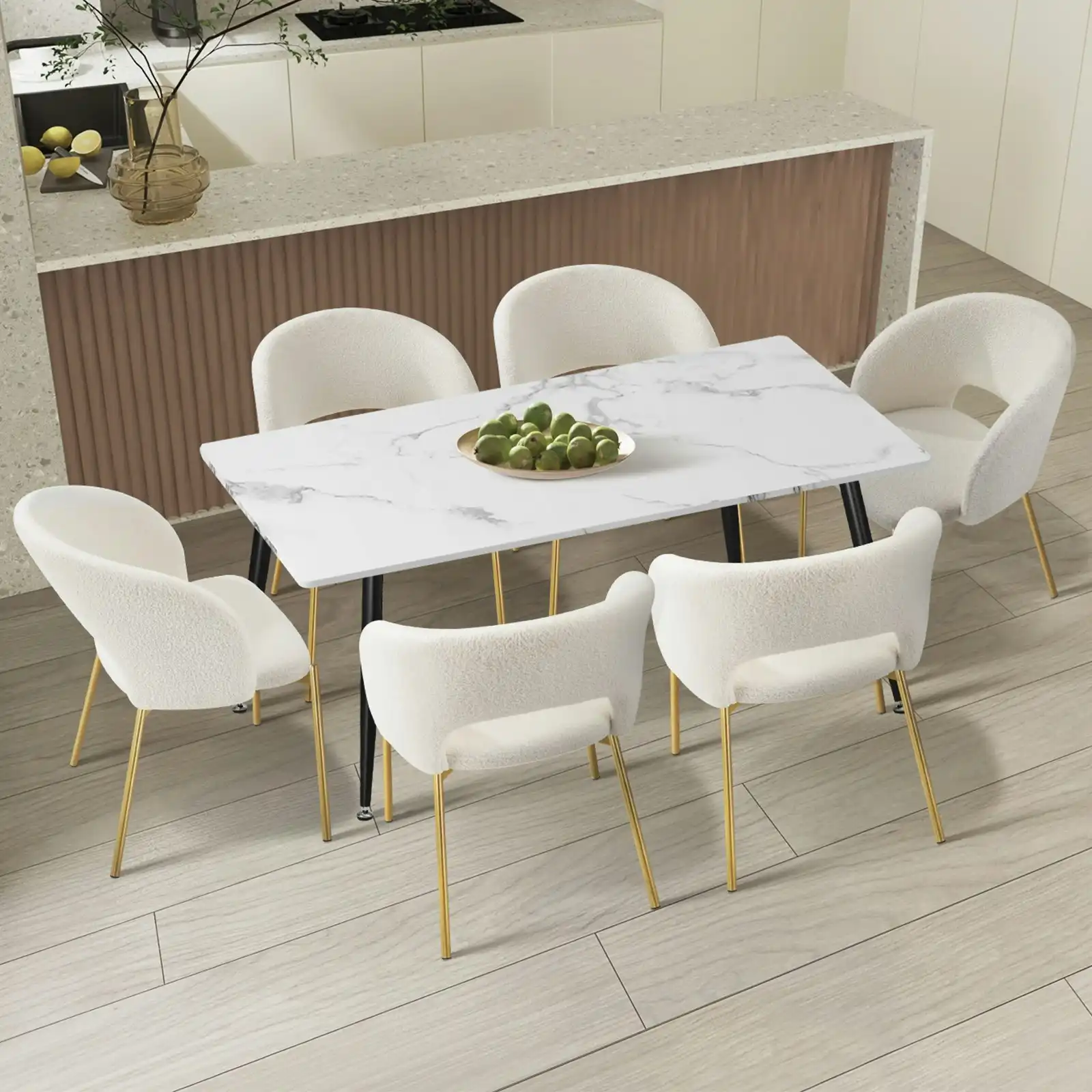 Oikiture 7PCS Dining sets 120cm Rectangle Table with 6PCS Chairs Sherpa White1