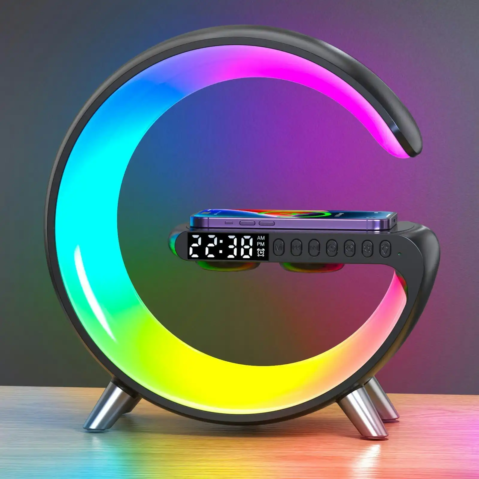 5in1 15W Wireless Fast Charger Smart Bluetooth Speaker with Alarm Clock LED Lamp