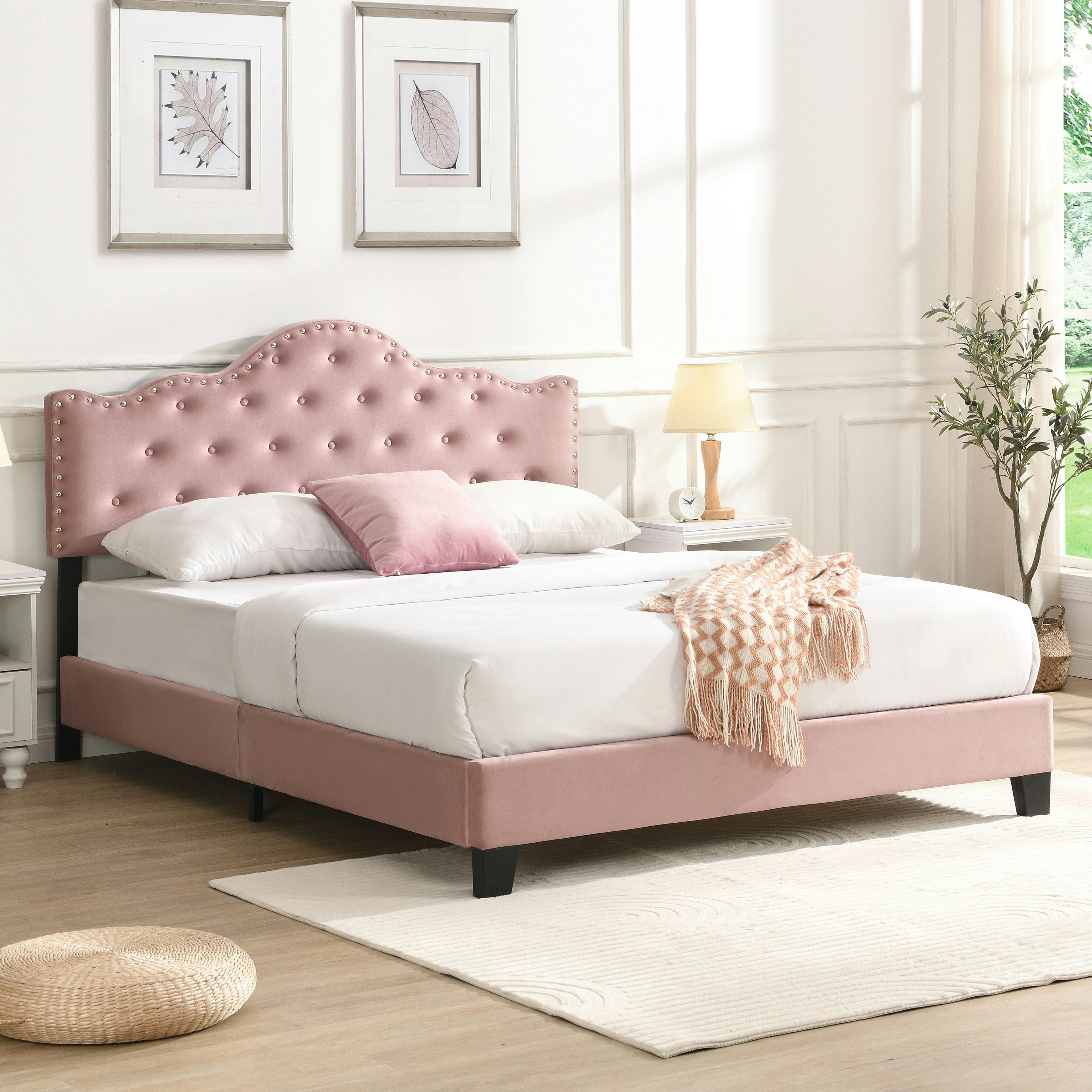 IHOMDEC Upholstered Velvet Button Tufted Crown Shape Double Size Bed Frame Pink BEF05